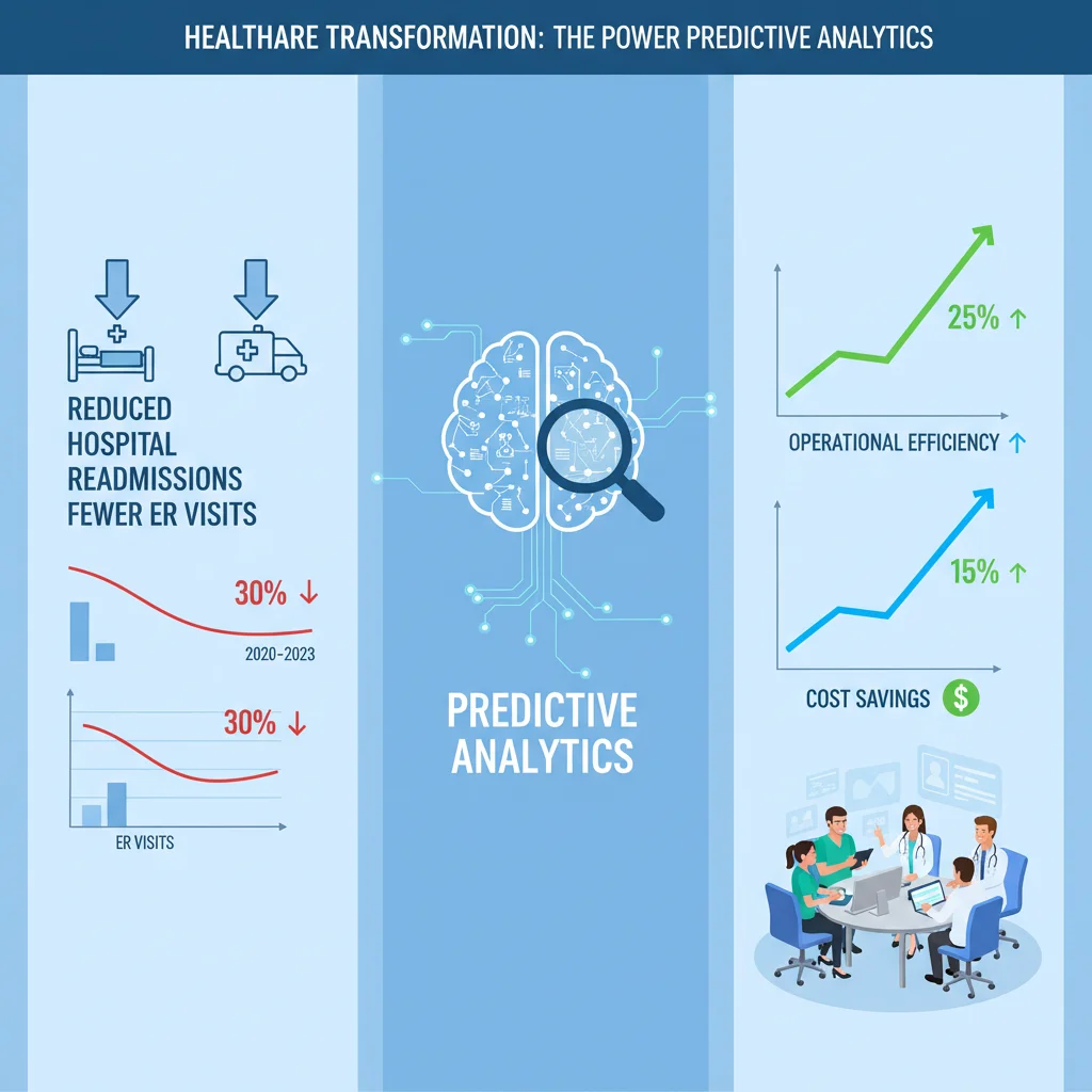 Infographic showing reduced readmissions and ER visits through predictive analytics in healthcare.