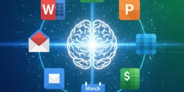 Icons of productivity apps merging into a brain, symbolizing enhanced efficiency by March 2026.