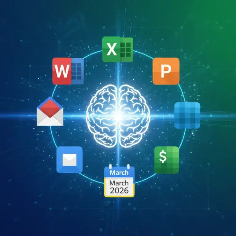 Icons of productivity apps merging into a brain, symbolizing enhanced efficiency by March 2026.