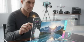 Professional photographer editing landscape photo on tablet with advanced photo editing app interface in a modern studio.