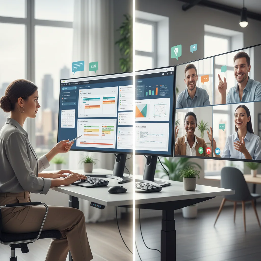 Entrepreneur managing projects and team collaborating virtually