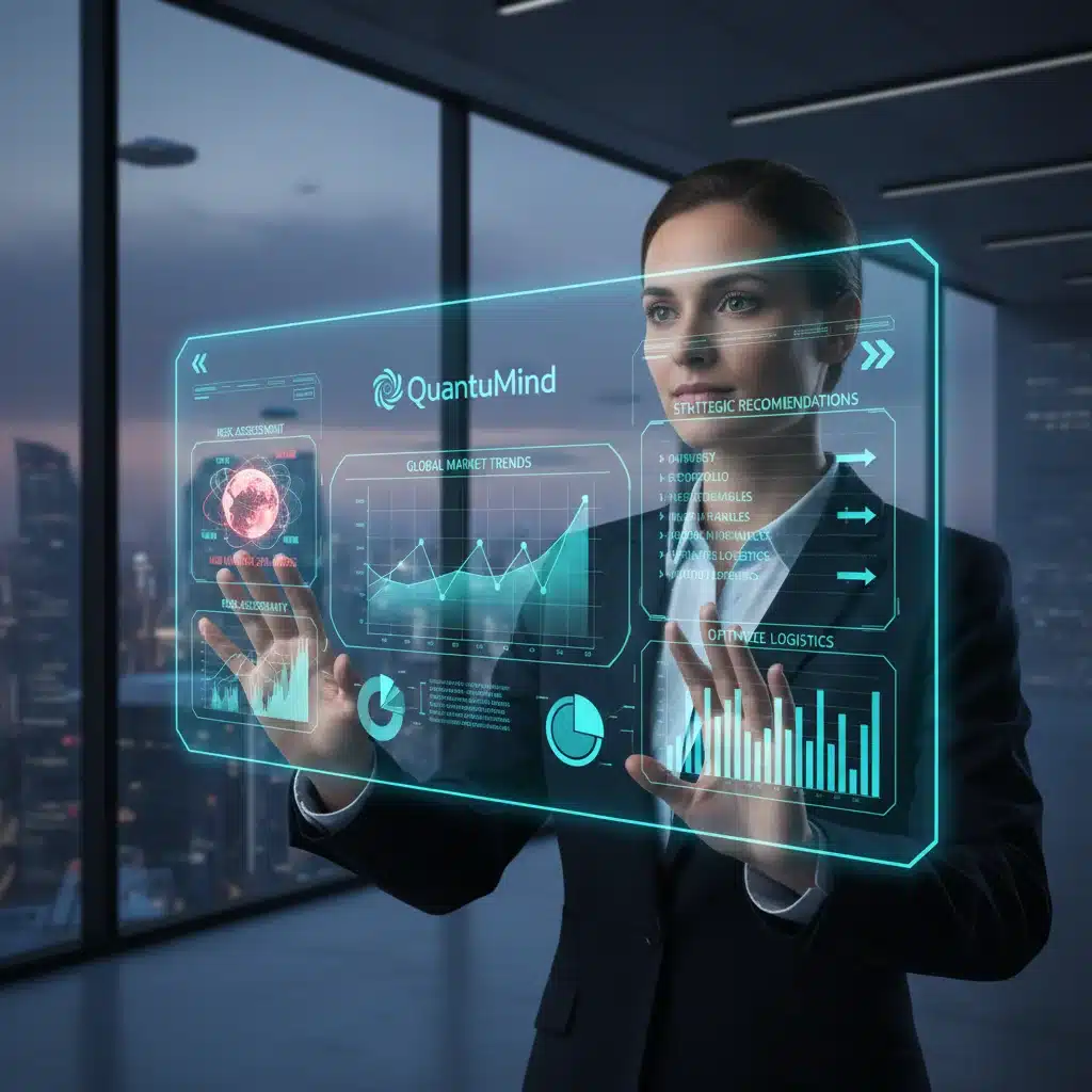 User interacting with QuantuMind's holographic data analysis interface