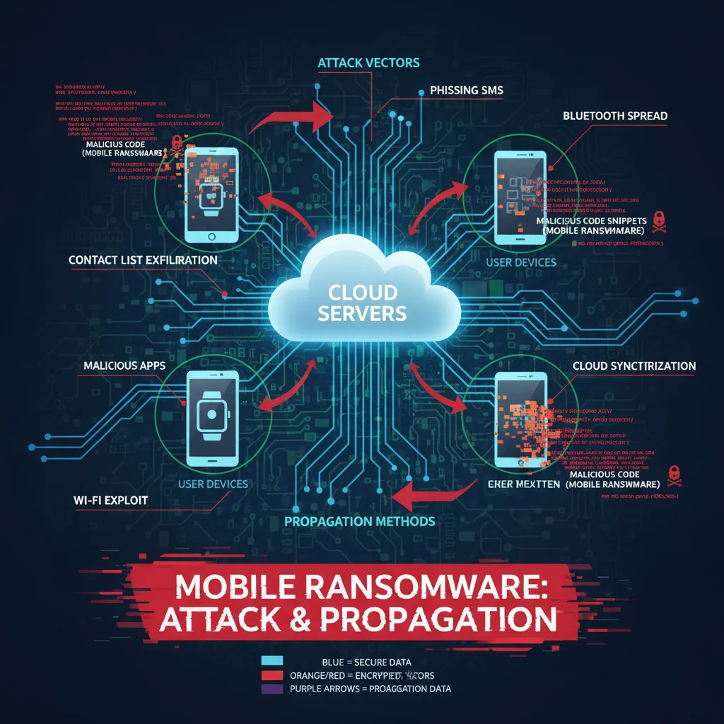 Infographic showing mobile ransomware attack vectors and data encryption