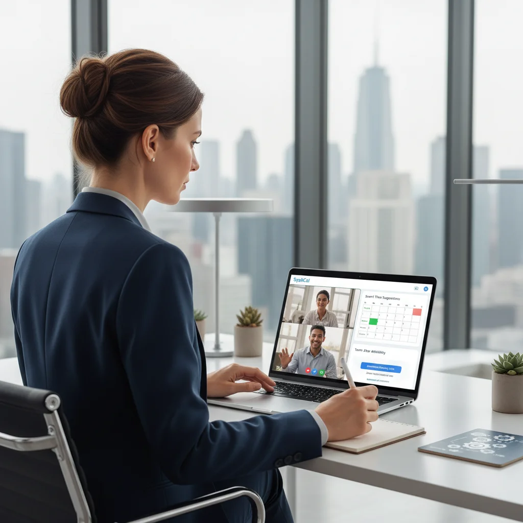Professional on a video call with an advanced scheduling app open, demonstrating smart scheduling features and team collaboration.