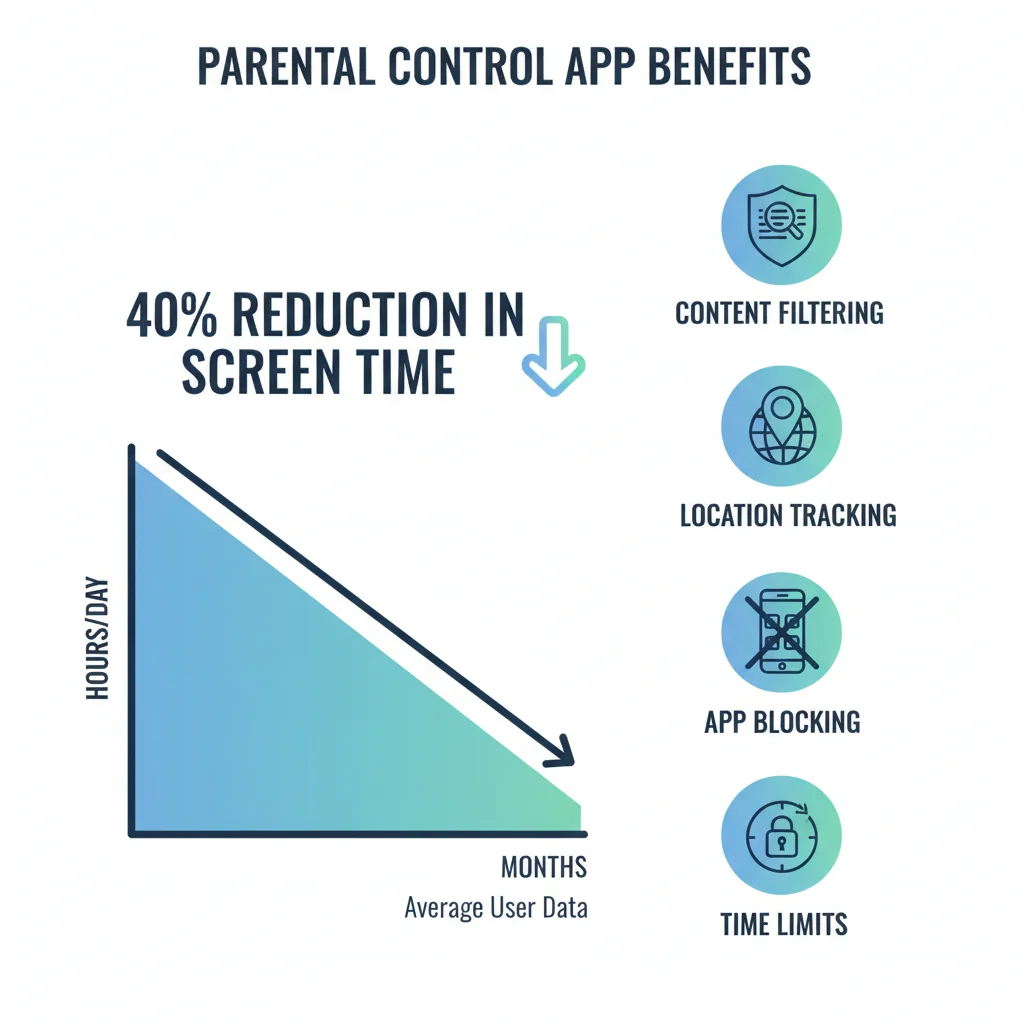Infographic illustrating 40% screen time reduction and key parental control features