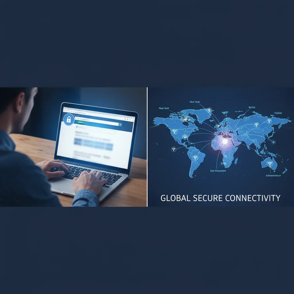 User with secure laptop connection and global VPN server map.