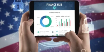Smartphone displaying secure finance tracking app with budgeting charts
