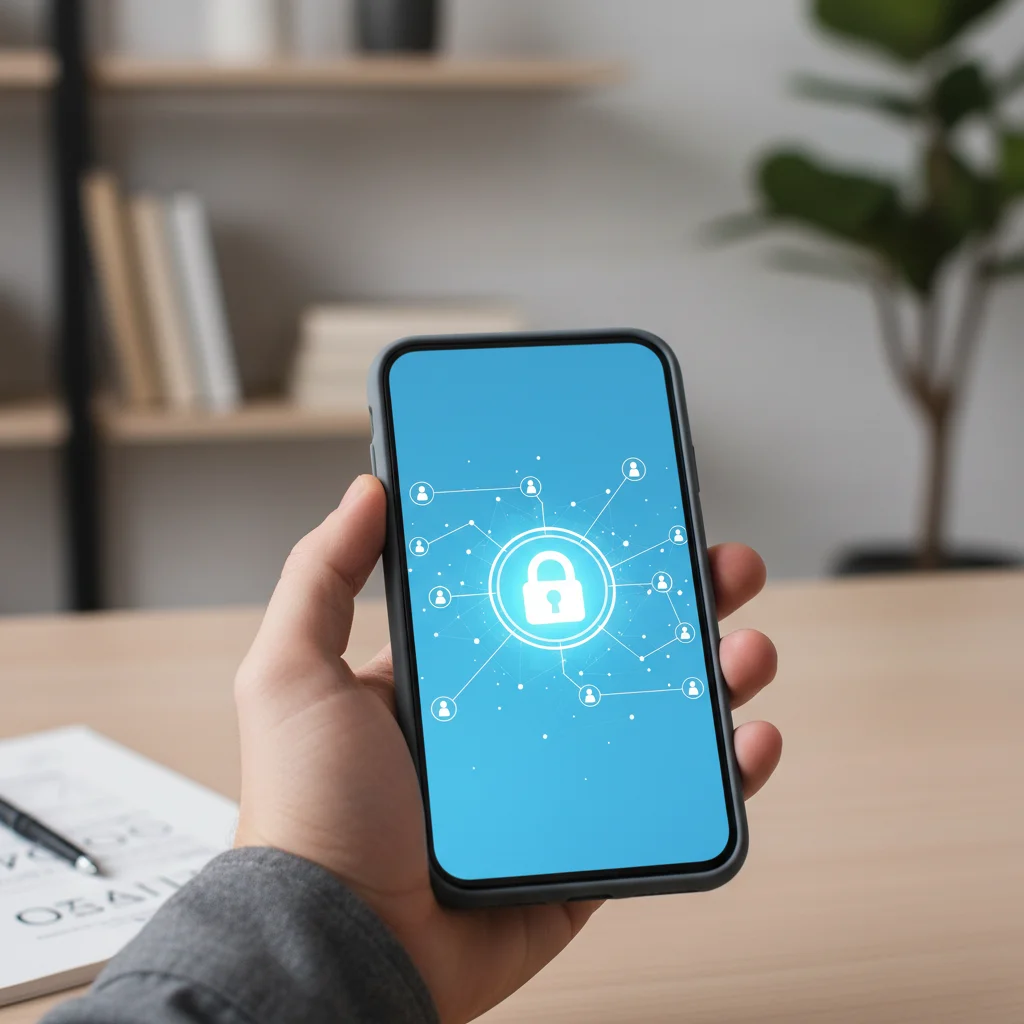 Hand holding a smartphone with a secure network connection indicator, highlighting mobile privacy.