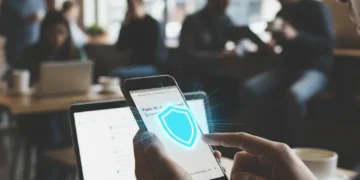 Secure mobile phone usage in a public cafe with glowing shield