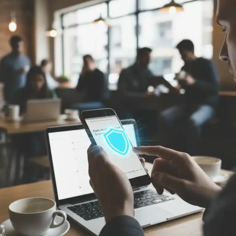 Secure mobile phone usage in a public cafe with glowing shield