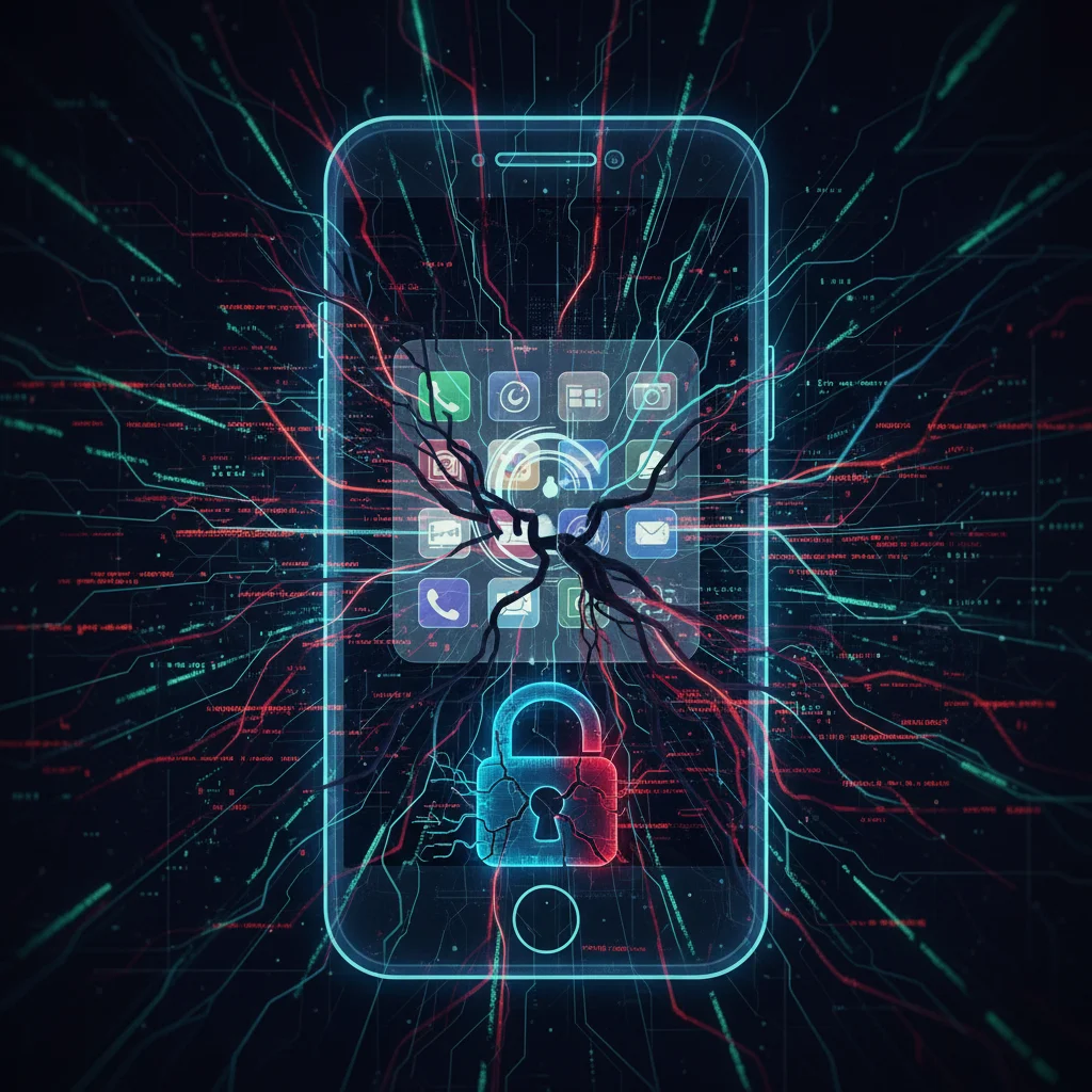 Abstract depiction of malicious code silently injecting into a mobile OS, bypassing security.