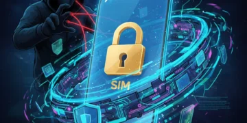 Digital security padlock on a smartphone, representing SIM swap protection.