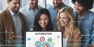 Small business owners utilizing workflow automation tools for increased efficiency
