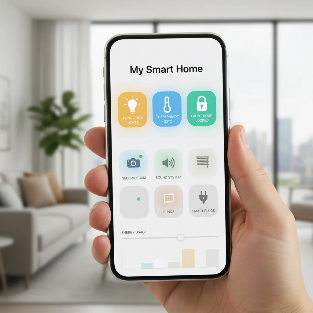 Smartphone displaying a smart home app interface with integrated device controls.