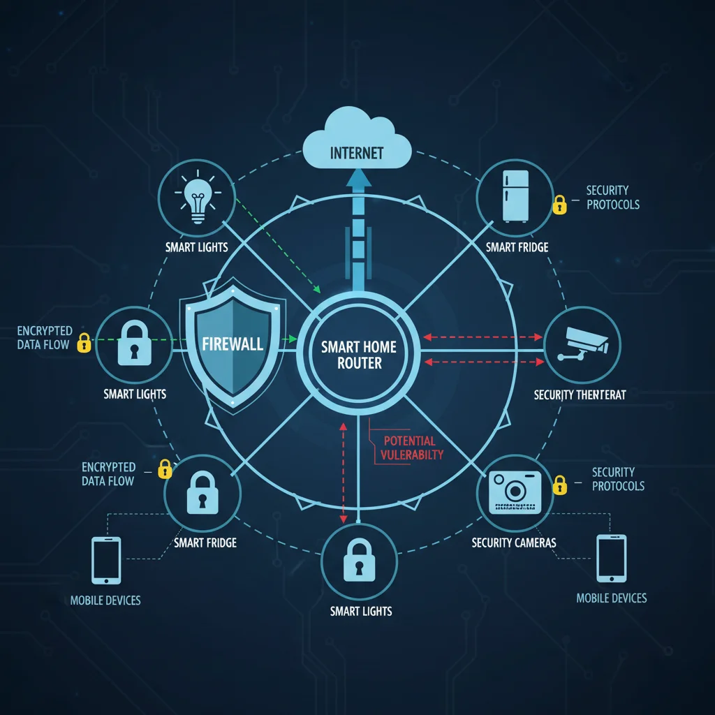 Complex network diagram showing interconnected smart home devices, mobile devices, and security protocols, illustrating data flow and potential vulnerabilities.