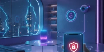 Futuristic smart home interior with integrated IoT devices and a hand holding a smartphone showing a cybersecurity alert, symbolizing smart home security.