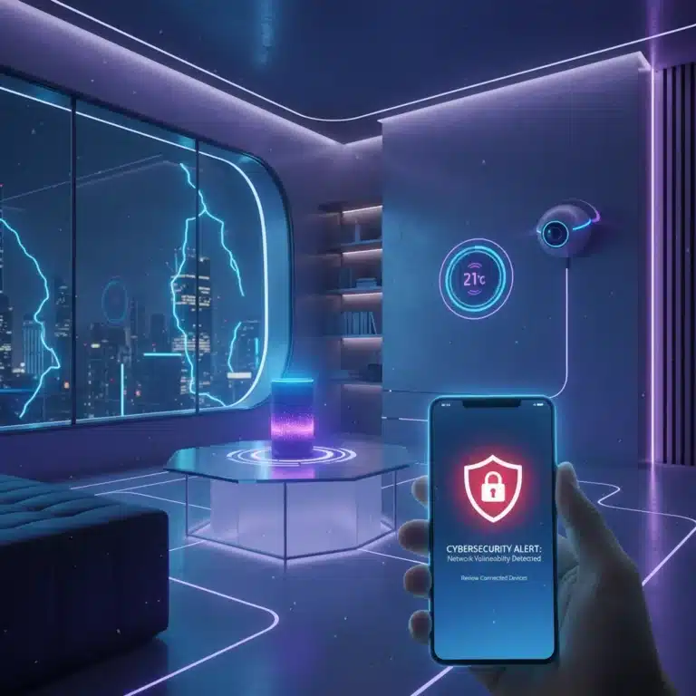 Futuristic smart home interior with integrated IoT devices and a hand holding a smartphone showing a cybersecurity alert, symbolizing smart home security.