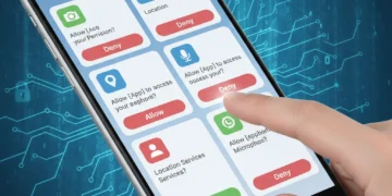 Smartphone screen showing app permission requests, user interacting with privacy settings.
