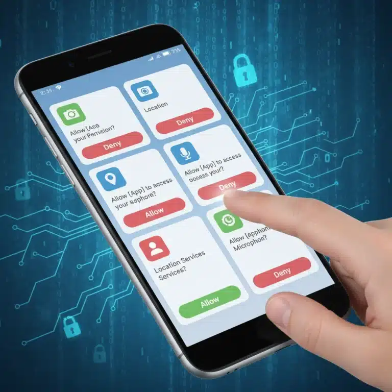 Smartphone screen showing app permission requests, user interacting with privacy settings.