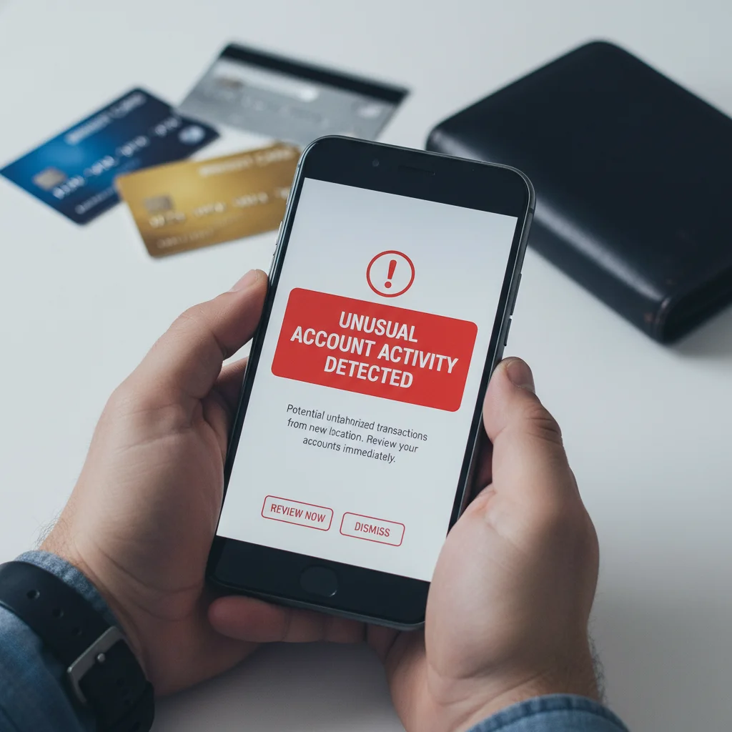 Hands holding smartphone displaying unusual account activity, with credit cards in background.