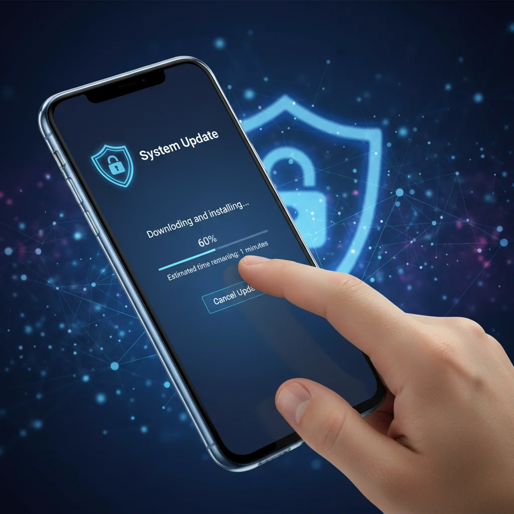 User initiating a software update on a smartphone with security symbols.