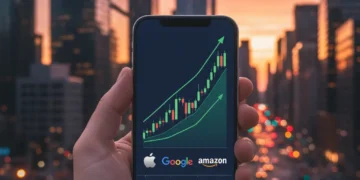 Smartphone displaying stock trading app with green charts and financial skyline