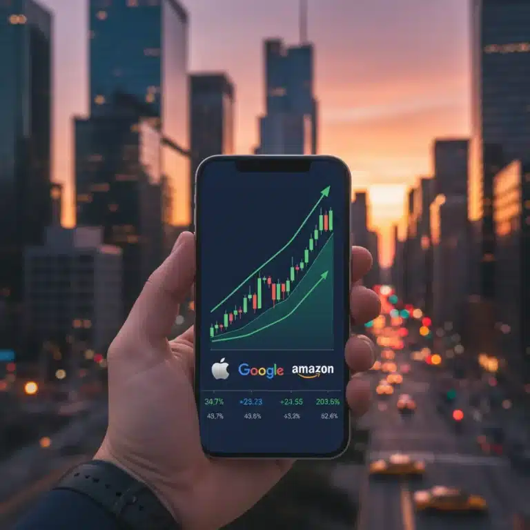 Smartphone displaying stock trading app with green charts and financial skyline