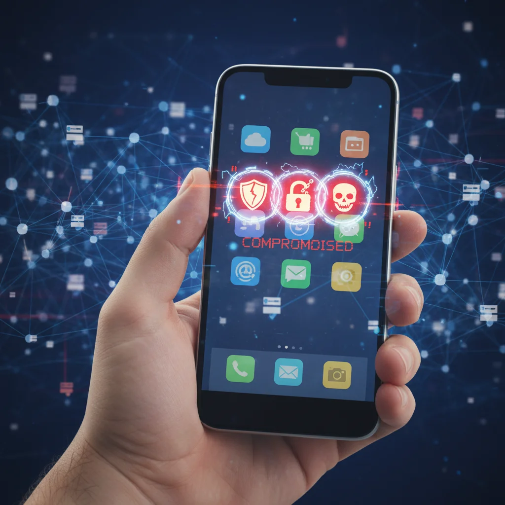 Hand holding smartphone with app icons, illustrating mobile security threats.