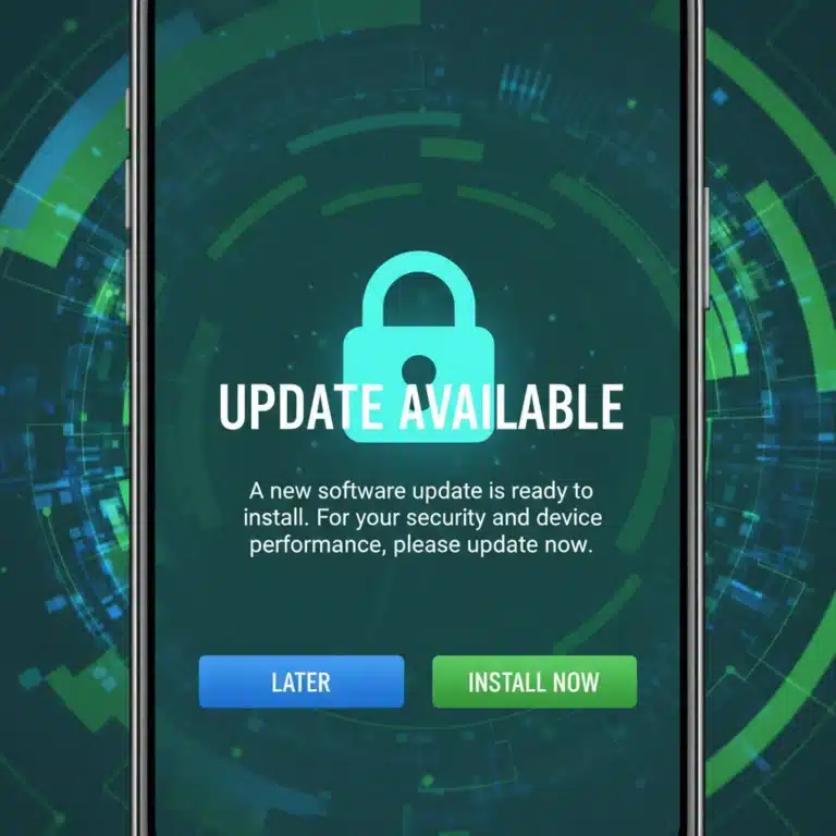 Smartphone displaying 'Update Available' notification with security padlock icon.