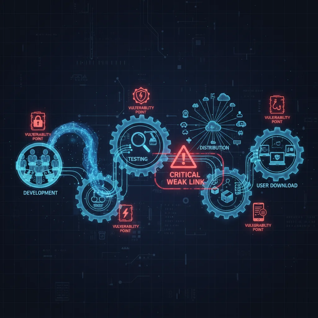 Diagram illustrating vulnerabilities in the mobile app software supply chain stages.
