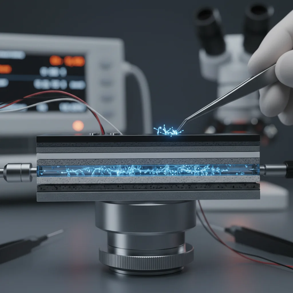 Close-up of a solid-state battery cell with advanced electrolyte