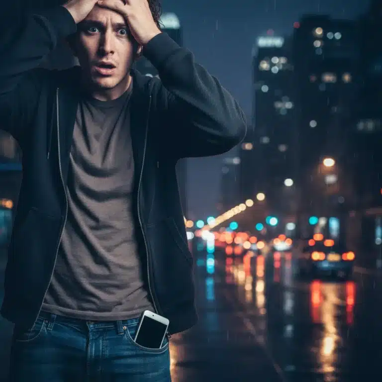 Distressed person realizing their smartphone is missing from their pocket in a city environment.