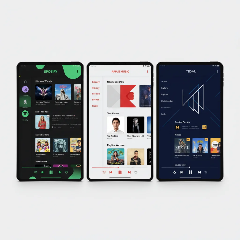 Comparative display of Spotify, Apple Music, and Tidal user interfaces on a tablet.