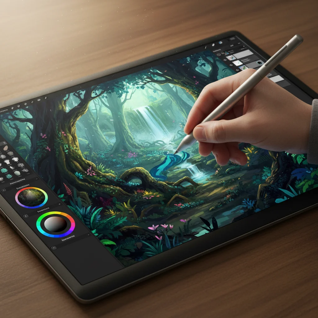 Hand drawing on a tablet with a stylus, showcasing digital painting in progress.