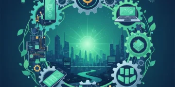 Circular economy concept for sustainable electronics, showing recycling and reuse