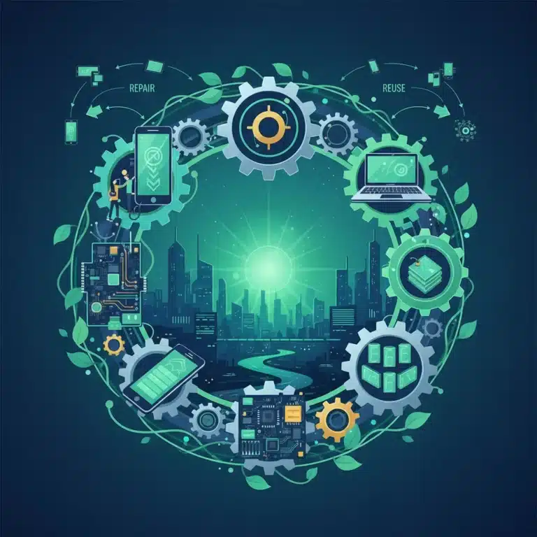 Circular economy concept for sustainable electronics, showing recycling and reuse