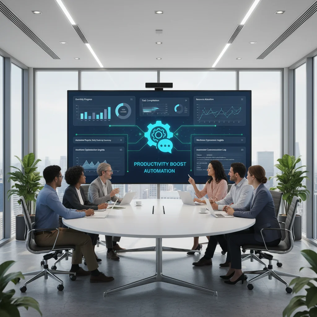 Team collaborating with automated project dashboard in modern meeting room