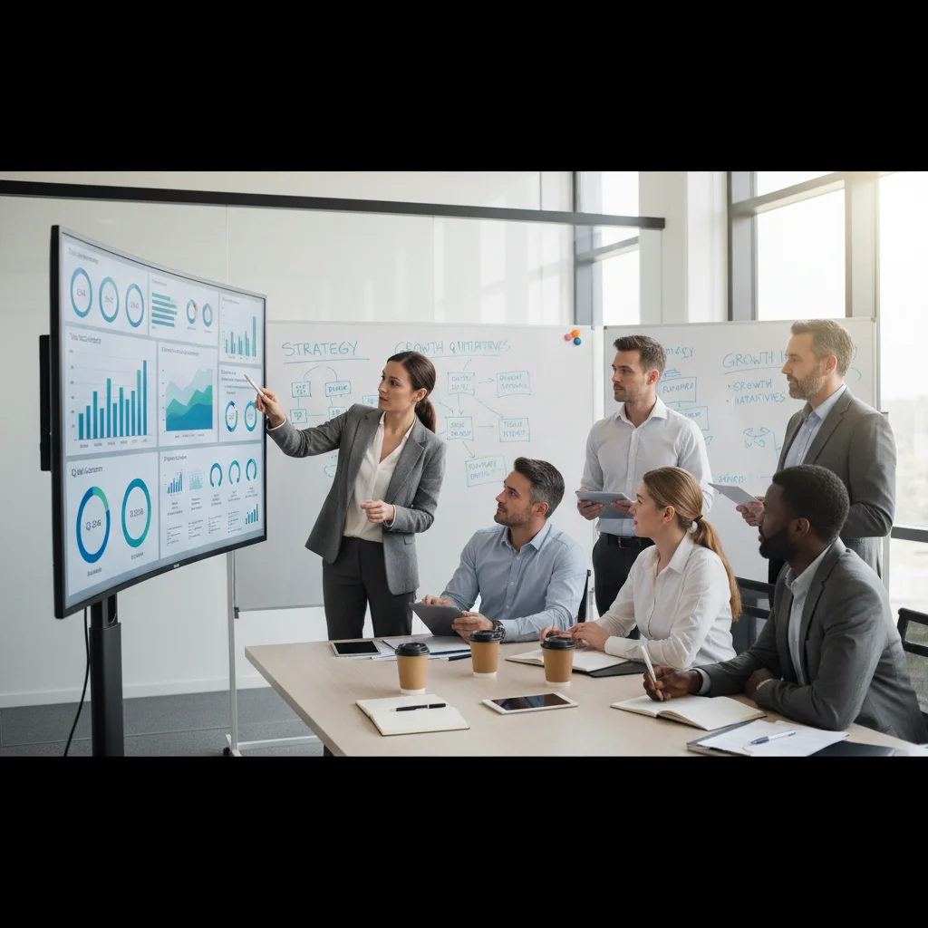 Team collaborating and strategizing around a large productivity dashboard display in a meeting room.
