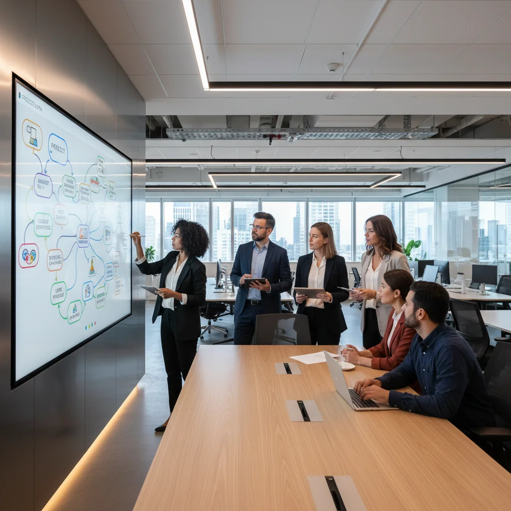 Diverse team collaborating using digital whiteboard and productivity tools in a modern office.