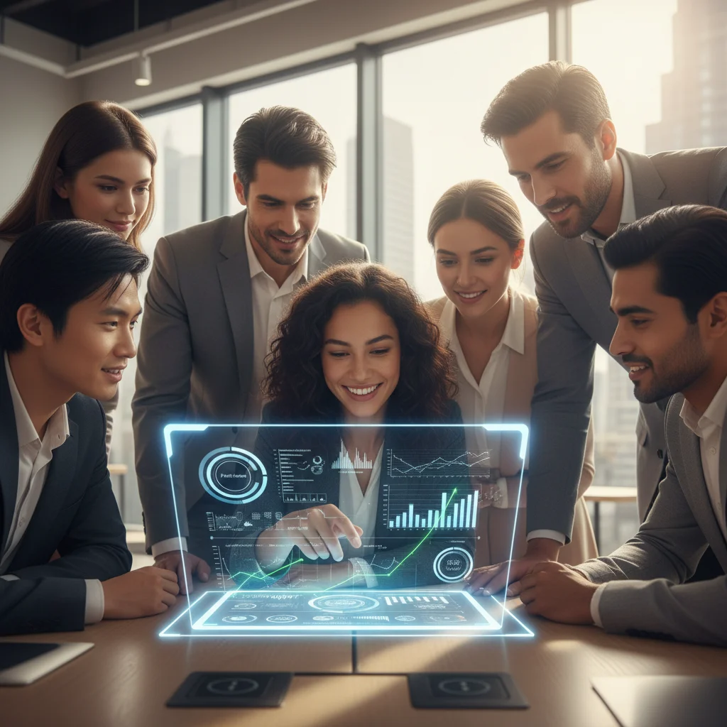 Diverse business team reviewing real-time data dashboards collaboratively, showcasing data-driven decision-making.
