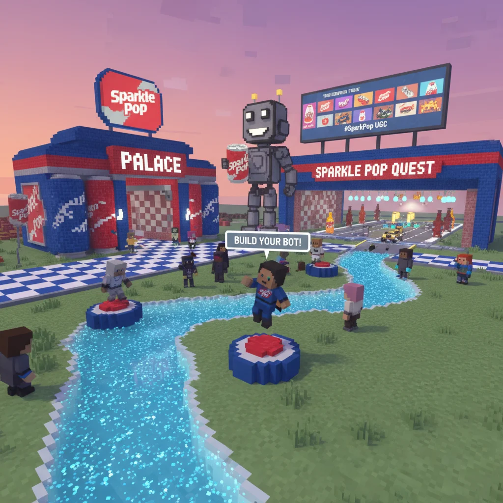 The Sandbox branded virtual store with pixelated avatars and interactive elements.