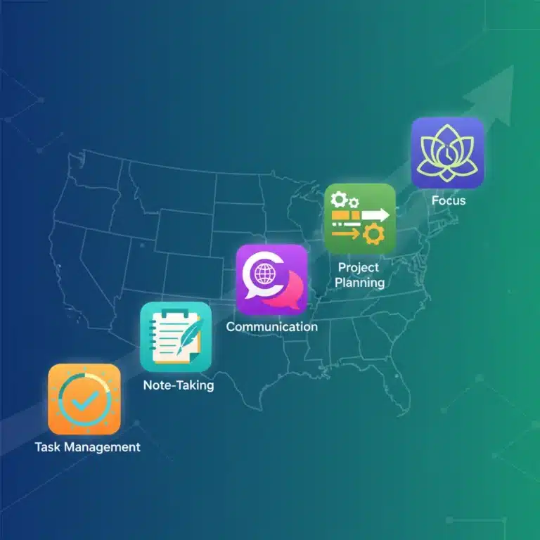 Top 5 productivity apps for Q2 2026 for US users, digital representation of app icons and efficiency.
