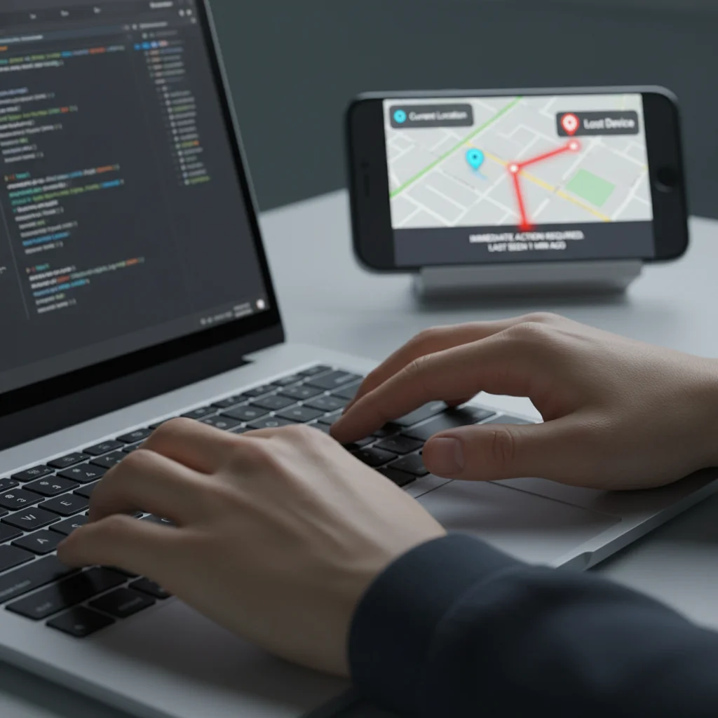 Hands typing on a laptop, with a smartphone screen showing a device tracking map, emphasizing quick action after phone theft.