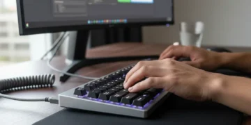 Hands typing rapidly on a keyboard, symbolizing increased productivity with keyboard shortcuts.