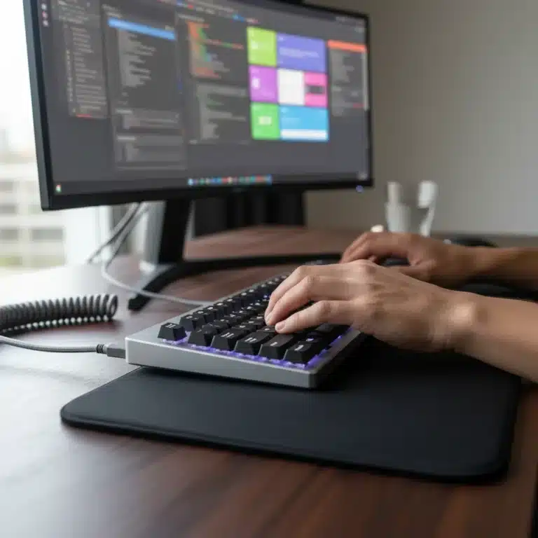 Hands typing rapidly on a keyboard, symbolizing increased productivity with keyboard shortcuts.