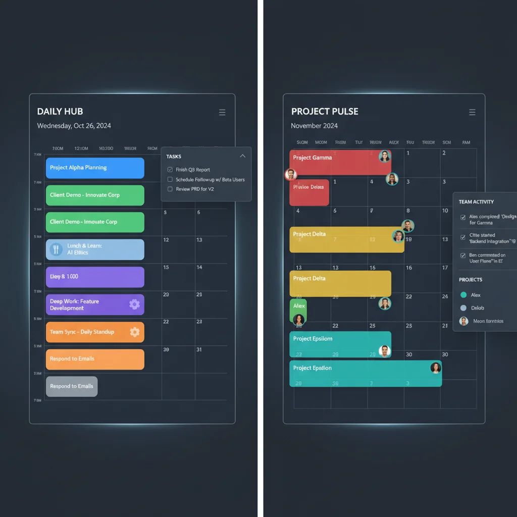 Comparison of advanced calendar tool interfaces for daily planning and project overview.