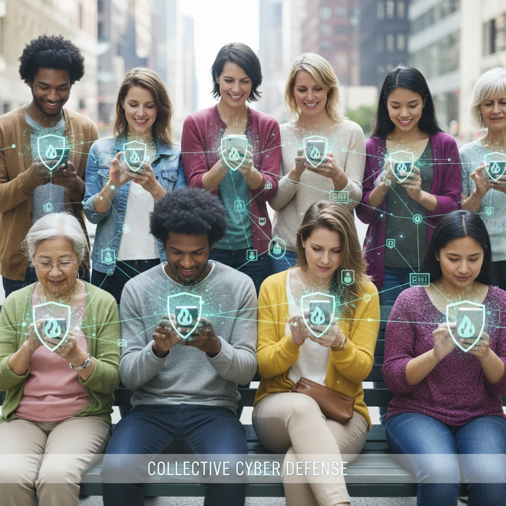 Diverse U.S. mobile users with digital protective layers, symbolizing collective cyber defense.