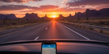 Car on open road with navigation app on dashboard during a US road trip.