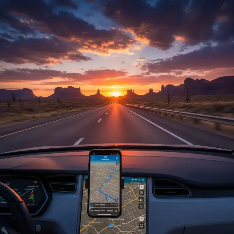 Car on open road with navigation app on dashboard during a US road trip.