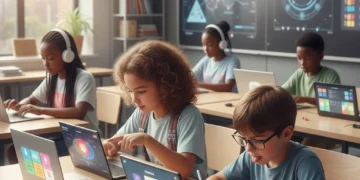 US students using diverse learning apps on digital devices in a modern classroom, highlighting future education.